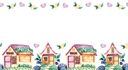 Seamless watercolor border with summer houses, blueberries and hearts