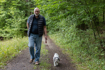 a man is walking with his dog on a forest path