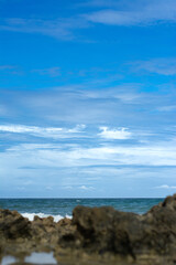 Beach. Seaview. coconut palm tree Mountains by the sea. Caribbean Sea.


