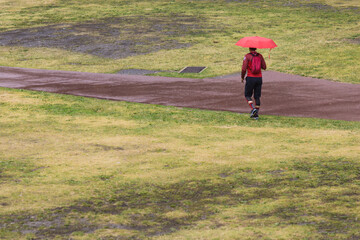 homme habillé en rouge avec un parapluie rouge sous une averse au milieu d'une pelouse
