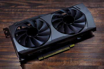 graphics card on a wooden table background