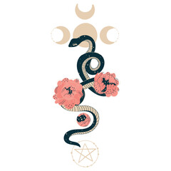 Magic esoteric snake in flowers