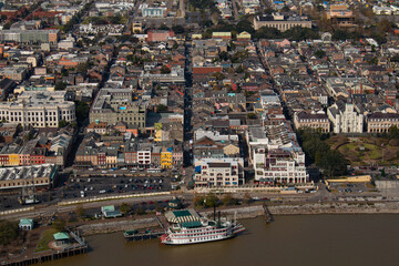 New Orleans, Louisiana, USA, January 10th 2022. The view of the downtown, the Mississippi river, and a steamer from a helicopter.