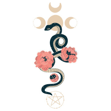 Magic Esoteric Snake In Flowers