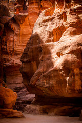A narrow canyon pass towards the ancient city of Petra, Jordan
