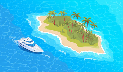 Isometric tropical island and white boat in the open ocean vector illustration - obrazy, fototapety, plakaty