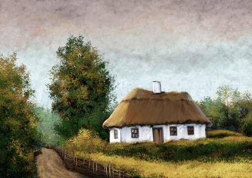 Fine art, artwork. Rural paintings landscape, old house in the woods