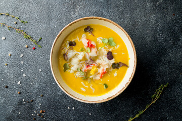 pumpkin cream soup with crab on the bowl on dark table top view - obrazy, fototapety, plakaty