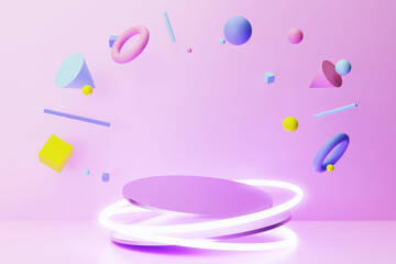 Floating product stand with neon glow and flying minimal shapes, showcase display mockup. 3D rendering