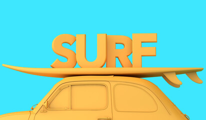 Vintage retro car with a surfboard on the roof and the word Travel. Road trip vacation background. 3D Rendering