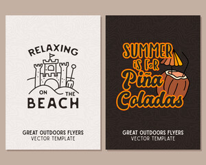 Camping flyer templates. Travel adventure posters set with line art and flat emblems and quotes - relaxing on the beach. Summer A4 cards for outdoor parties. Stock vector