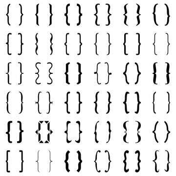 Set of different opening and closing curly braces signs, squiggle left and right text brackets symbols, parentheses, vector illustration.