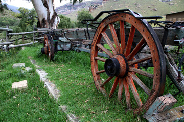 Old ox wooden wagon from early 1900s. Clarens, Free State, South Africa