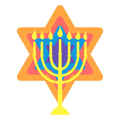Happy Hunukkah icon Menorah and David star isolated on white background Golden menora silhouette on bright colorful star Vector illustration in flat style 