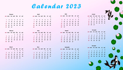 Calendar for 2023 decorated with stylized koi fish and water lilies. Bright gradient, simple design.
