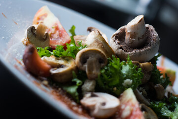 Salad with mushrooms. Mushroom soup. Toasted bread with mushrooms. roasted mushrooms