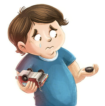 Illustration Of Boy Crying Over His Broken Toy