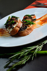 Salad with mushrooms. Mushroom soup. Toasted bread with mushrooms. roasted mushrooms