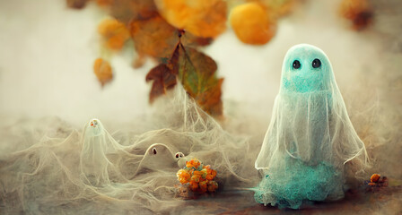 Halloween background with cute ghosts with big eyes. Halloween holiday concept decor. Hi tech. AI. Hi tech. AI.