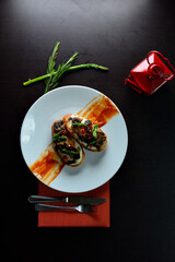 Salad with mushrooms. Mushroom soup. Toasted bread with mushrooms. roasted mushrooms