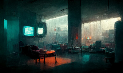 abandoned cyberpunk room , cinematic gloomy atmospher , digital illustration,