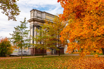 Orlov (Gatchina) gate in Catherine park in fall, Tsarskoe Selo (Pushkin), Saint Petersburg, Russia