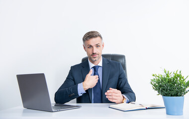 mature businessman sitting and presenting himself in business office