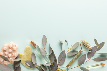 Banner with eucalyptus branches on a blue pastel background. Place for text.