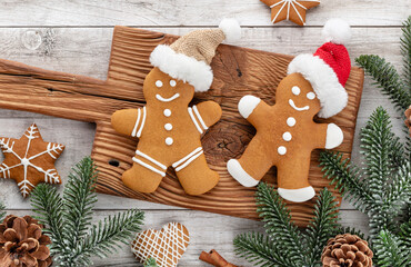 Homemade christmas gingerbread cookies on wooden table.