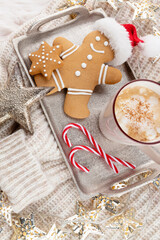Hot chocolate with marshmallow on wool background. Christmas concept