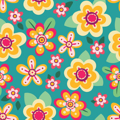 Seamless floral pattern with decorative flowers in retro style. Cute ditsy print, hippie botanical background with summer meadow, small flowers, leaves on blue field. Vector illustration.