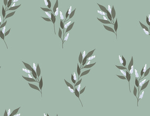 Naklejka premium Seamless floral pattern, winter botanical print in hand drawn wild plants. Surface design with small blooming twigs, leaves on a blue background. Vector illustration.