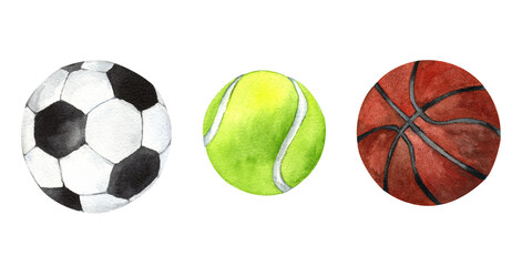 Watercolor set of sport balls set like football, soccer, basketball and tennis. Hand draw illustration isolated on white background.