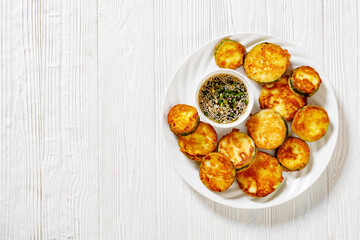 Hobak Jeon, pan fried zucchini with dipping sauce