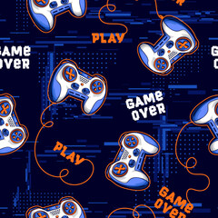 Abstract seamless gamepads pattern. Game pads repeat print on digital technology endless background. Text Game over, Play. Digitally repeated wallpaper for boy clothes, sport textile, wrapping paper © Kseniia Koval