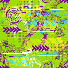 Seamless Robot pattern on neon green arrow background. Robotically repeat print with stripes, technology elements, chequered flag and dots. Digital  repeated wallpaper