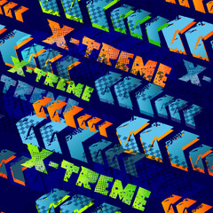 Abstract seamless arrow pattern with words extreme. Grunge stripe repeat print for sport textile, boy clothes, wrapping paper. Blue, orange, green endless geometric wallpaper