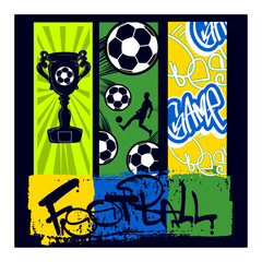 Colorful football poster with player footballer silhouette, soccer ball illustration, winner cup. Sport print with text Best game Football drawing in graffiti street art style.