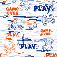 Abstract seamless gamepads pattern. Game pads repeat print on digital technology endless background. Text Game over, Play. Digitally repeated wallpaper for boy clothes, sport textile, wrapping paper © Kseniia Koval