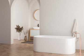 Obraz na płótnie Canvas Interior of minimal bathroom with white walls, wooden floor, bathtub, dry plants, white sink standing on wooden countertop and a oval mirror hanging above it. 3d rendering