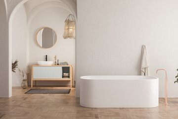 Fototapeta na wymiar Interior of minimal bathroom with white walls, wooden floor, bathtub, dry plants, white sink standing on wooden countertop and a oval mirror hanging above it. 3d rendering