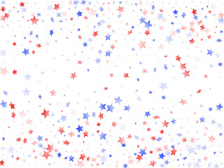 Flying red blue white star sparkles on white vector american patriotic background.