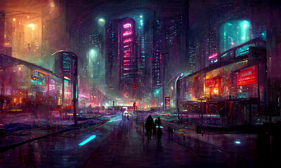 futuristic cyberpunk city at night, neon lights, digital illustration - obrazy, fototapety, plakaty