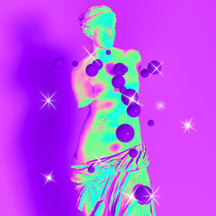 Fototapeta na wymiar Holographic Venus sculpture with sparkles. Surreal vaporwave 3D illustration in chrome acid colors.