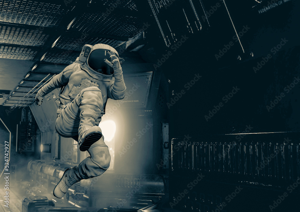 Wall mural astronaut is jumping on the corridor in sci-fi spaceship background with copy space