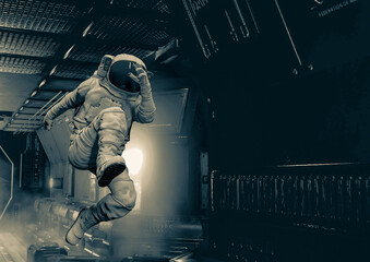 astronaut is jumping on the corridor in sci-fi spaceship background with copy space