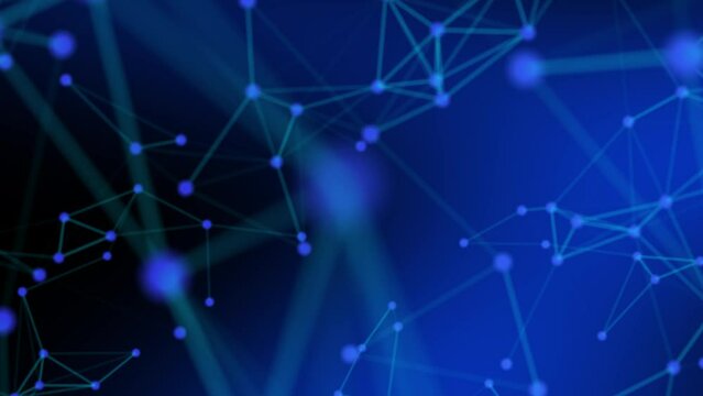 Plexus of abstract blue and violet geometrical lines with moving triangles and dots on a black background. Loop animations.