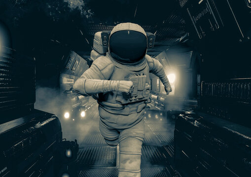 astronaut is running on the corridor in sci-fi spaceship background close up view