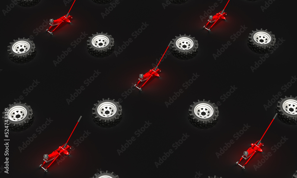 Wall mural A pattern of red jacks for replacing wheels and the wheels of an SUV. 3d rendering on the topic of auto parts, tire repair, tires. Black isolated background.