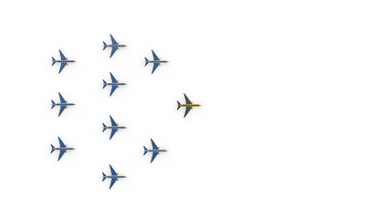 The pattern of gold and silver planes. Jet flying in the air, turns, formation. 3d rendering on the topic of aviation, flights, travel. Modern minimal style.